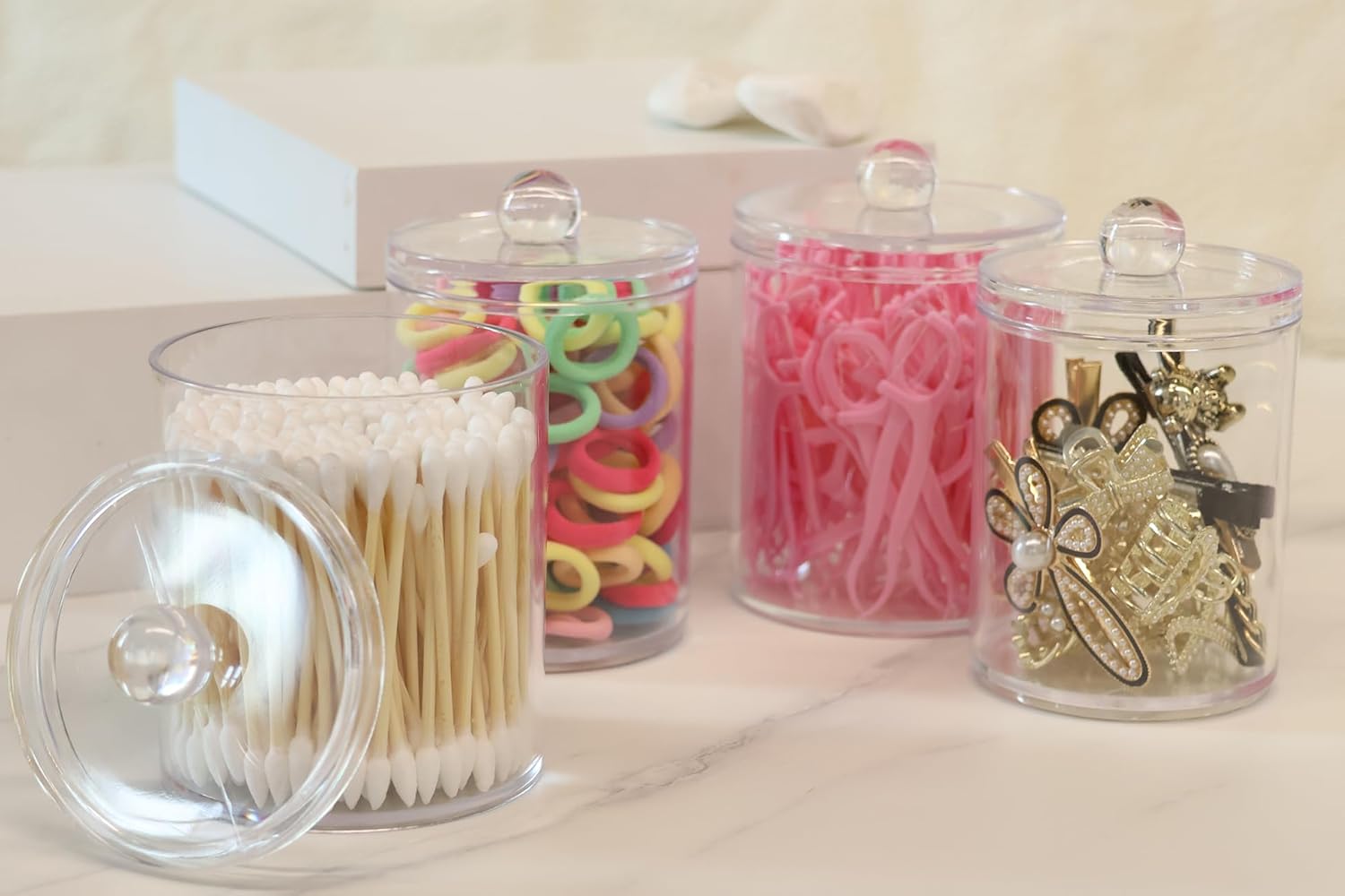 Skiennix Acrylic Qtip Holder Dispenser Set - 4 Pack Canisters for Makeup & Bathroom Organization | 10 & 12 oz