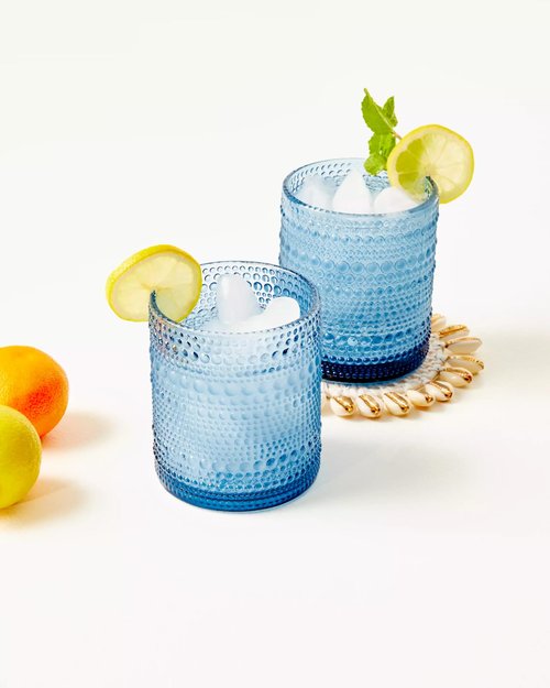 Lilly Pulitzer Double Old Fashioned Glasses, Cute Cocktail Glass Set of 2, 12oz Lowball Glasses, Vintage Inspired Hobnail Glassware, Blue