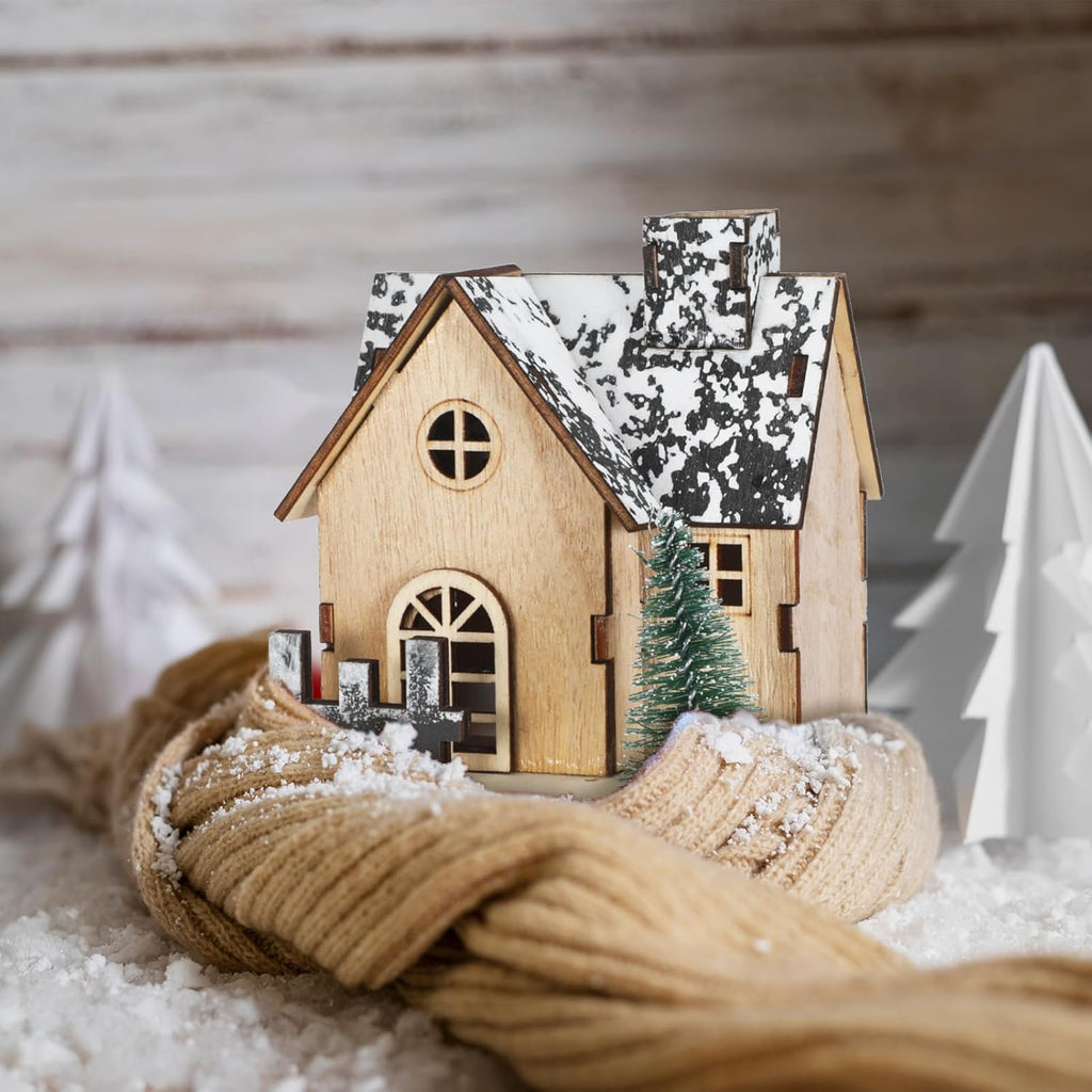 Toyvian Christmas Village Houses Decor - 3 Pcs Glowing Wooden Cabin Set with Lights for Holiday Centerpieces