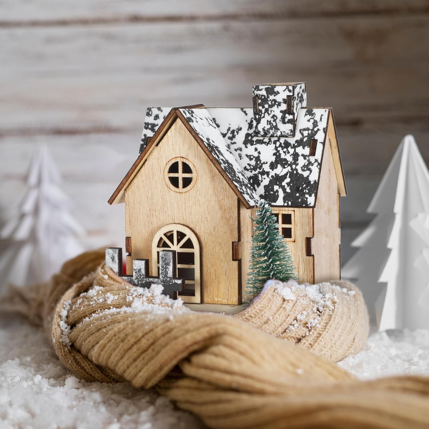 Toyvian Christmas Village Houses Decor - 3 Pcs Glowing Wooden Cabin Set with Lights for Holiday Centerpieces