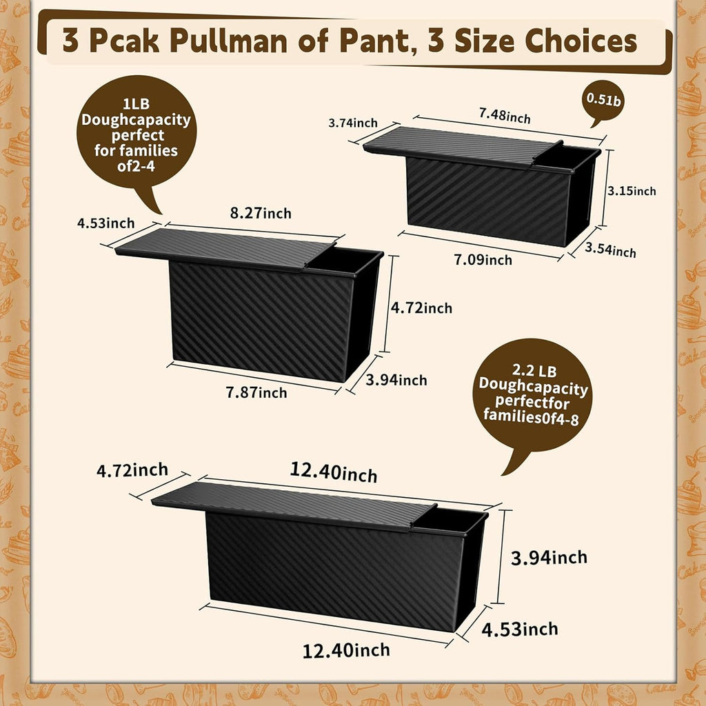 Pullman | 3-Pack Non-Stick Bread Loaf Pans with Lids - Heavy Duty Carbon Steel for Homemade Sandwiches (Black)