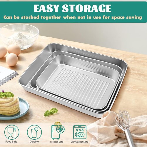 E-far Stainless Steel Baking Pans Set of 3 - Non-Toxic Rectangle Trays for Lasagna, Brownies, Cookies | 12.5/10.5/9.4 Inch