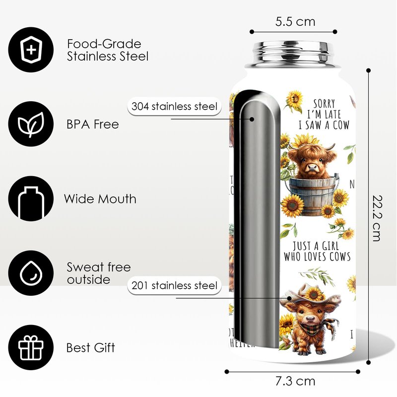 WWHSAI Highland Cow Water Bottle 32oz, Cow Gifts for Woman for Cowgirls, Farming Gifts for Female Farmers for Cowgirl, Highland Cows Tumbler Floral Gift Travel Insulated Stainless Steel Coffee Cup