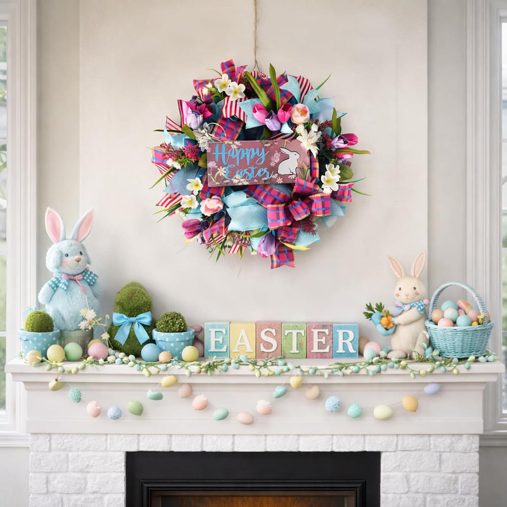 Skiennix 22-Inch Easter Bunny Wreath - Spring Decor with Pink Tulips & Flowers for Indoor/Outdoor Use