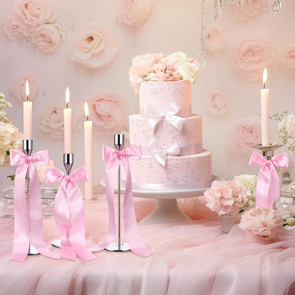 Teenyyou 12 Pcs Pink Candlestick Bows - 13 Inch Large Coquette Table Decor for Weddings & Parties