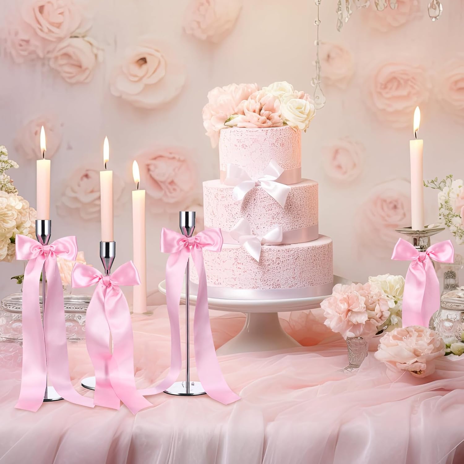 Teenyyou 12 Pcs Pink Candlestick Bows - 13 Inch Large Coquette Table Decor for Weddings & Parties
