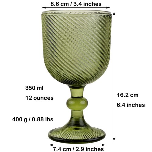 Taganov Green Glasses Drinking Wine Water Goblets Glassware set of 6 Vintage Stem Glasses Stemware 12 Ounces for Wedding Party Bar Twill Pattern Striped 350 ml