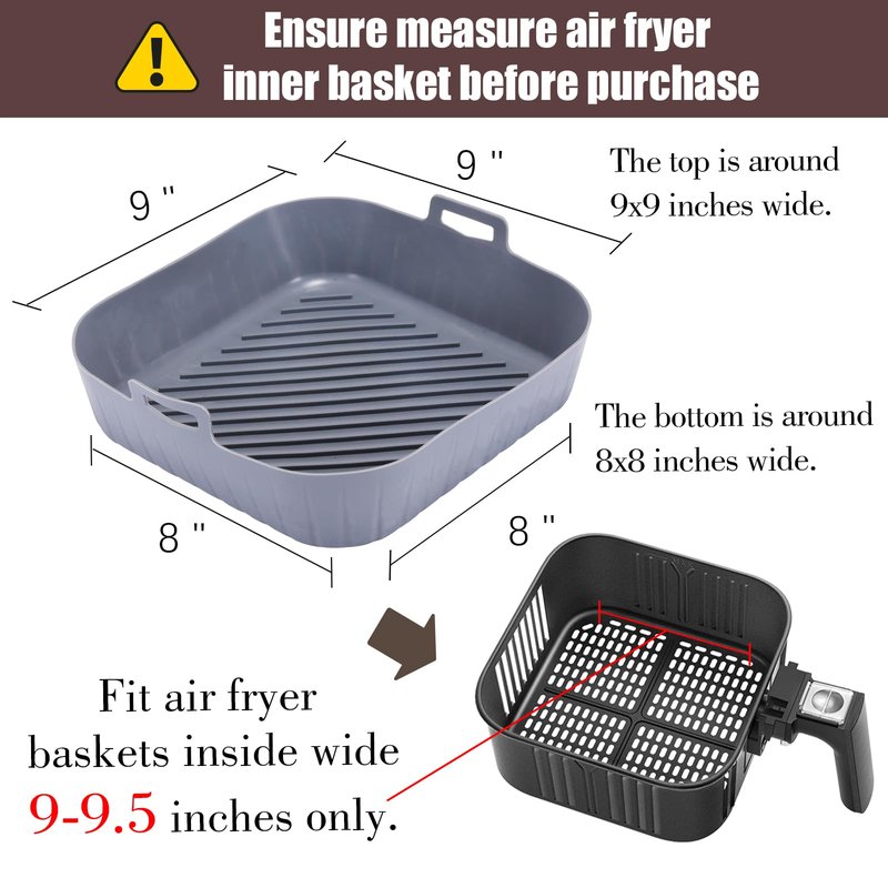 Golden Associate Silicone Liners Square for Air Fryer, 4 Pcs Non-stick Food-grade Reusable Basket Silicone Pot Baking Tray Airfryer Accessories, Top Size 9 inches, Bottom Size 8 inches