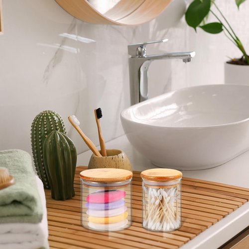 Dandat Glass Apothecary Jars - 6 Pack with Lids for Bathroom Storage | 8.5 oz & 10.8 oz Cotton Ball Dispensers