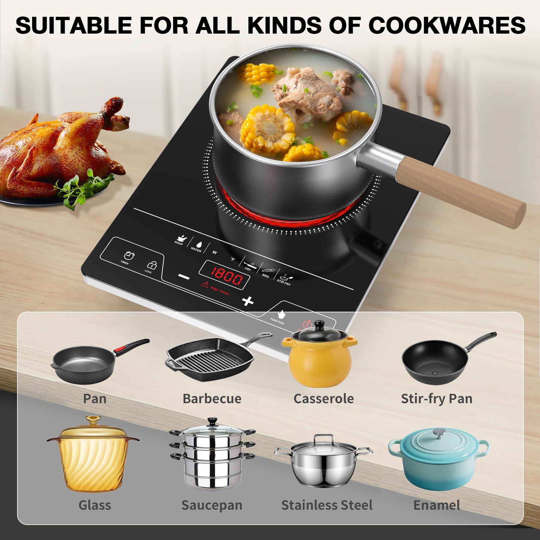 VBGK Single Burner Electric Cooktop,1800W Electric Stove Top Portable Cooktop LED Touch Control,8 Power Levels, Kids Lock