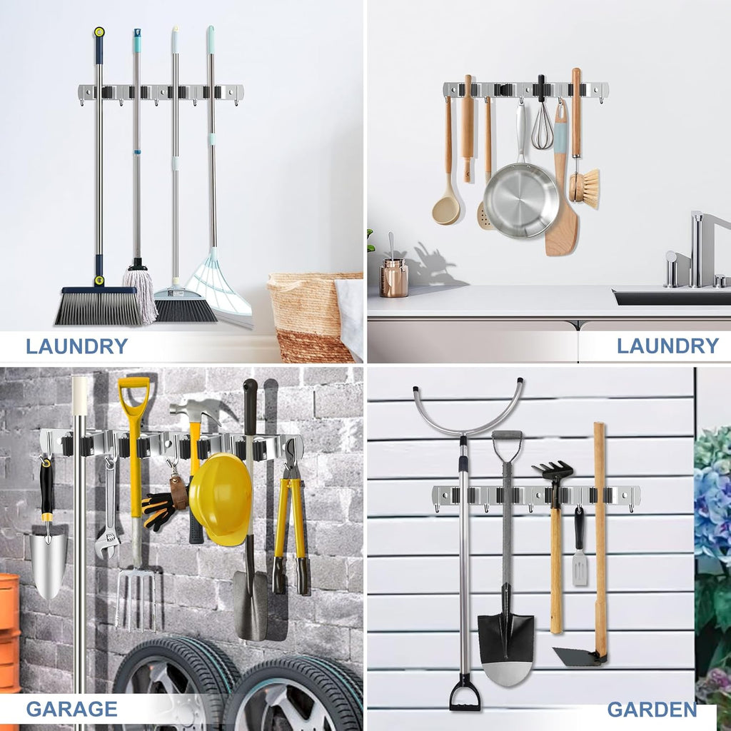 Nacena Broom Holder - Wall Mount Mop Hanger with 4 Racks & 5 Hooks | Heavy-Duty Stainless Steel Organizer for Home