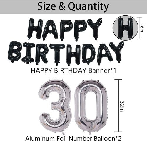 30th Birthday Party Decorations | Black & Silver Theme with Balloons & Banner for Men & Women