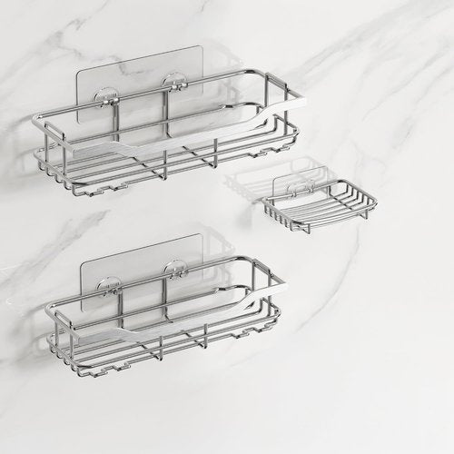 **OMAIRA Shower Caddy - 3-Pack Adhesive Organizer with Soap Holder | Rustproof No-Drill Shelves, Silver**