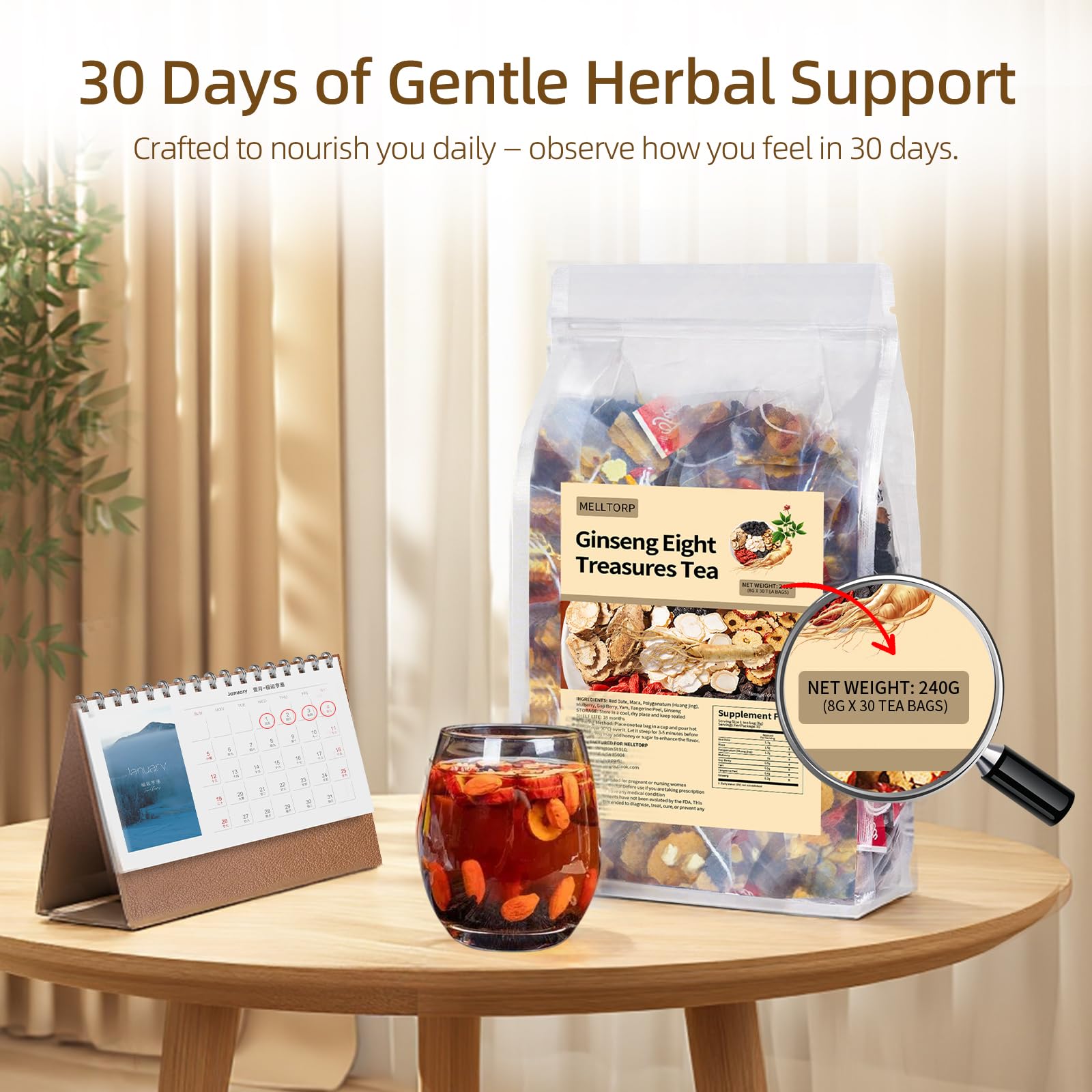 Ginseng Eight Treasures Tea Kidney Tea,Traditional Herbal Ginseng TEA, Natural Kidney tea for Women & Men, 8 Precious Ingredients Formula(2 Pack/30 Bags)