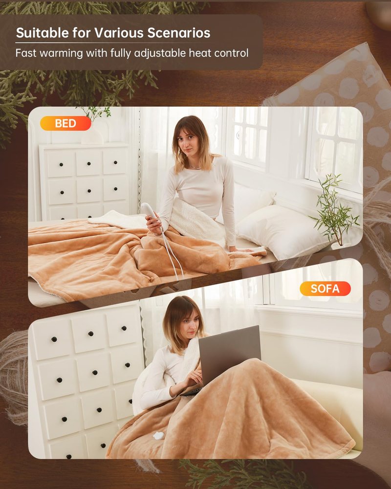 SOHTOPHO Electric Heated Mattress Pad Queen Size Bed Warmer with Dual Control, Blanket, Sheets, Bed Topper, Deep Pocket, 8 Heat Settings, 1/2/10 Hour Auto Off, Heated Blanket(White Oval, 60”x 80”)