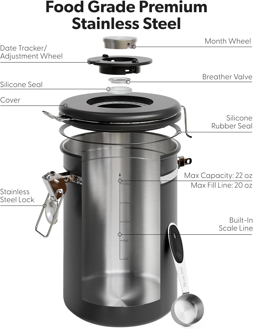 Veken Coffee Canister - Airtight Stainless Steel Storage Container with Window | 22oz Black for Coffee, Tea, and More