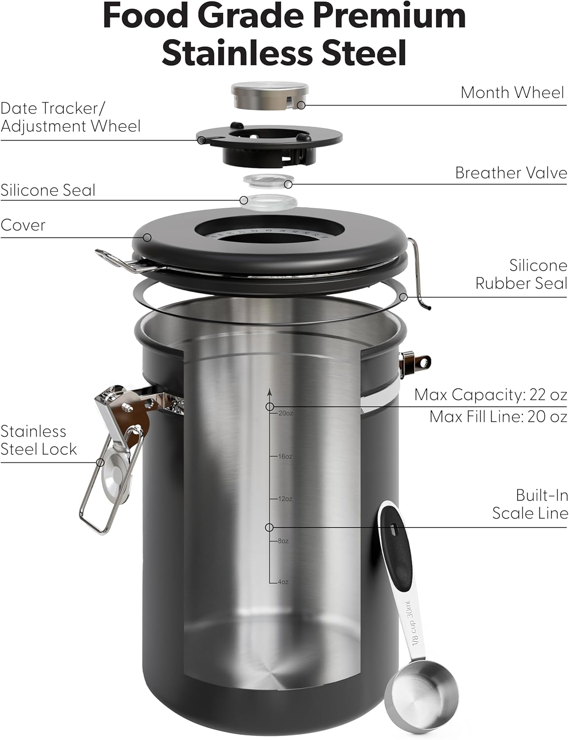Veken Coffee Canister - Airtight Stainless Steel Storage Container with Window | 22oz Black for Coffee, Tea, and More