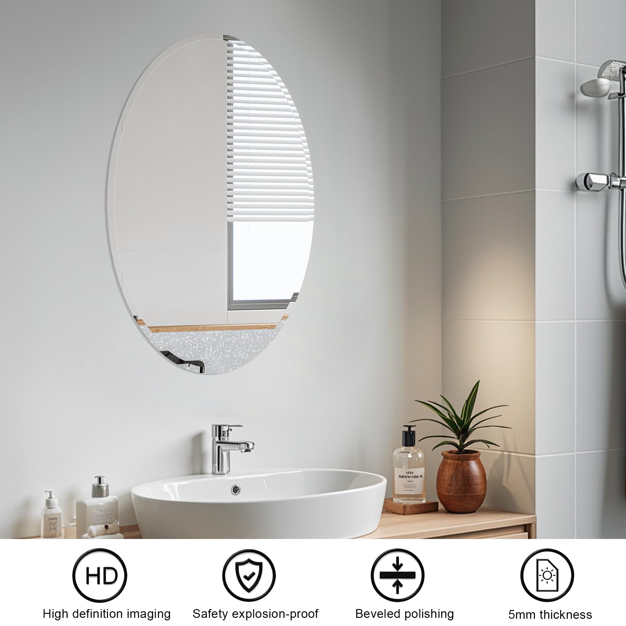 Oval Bathroom Mirror,16X24 inch Oval Frameless Mirror, Frameless Mirrors for Bathroom,Beveled Bathroom Mirror.