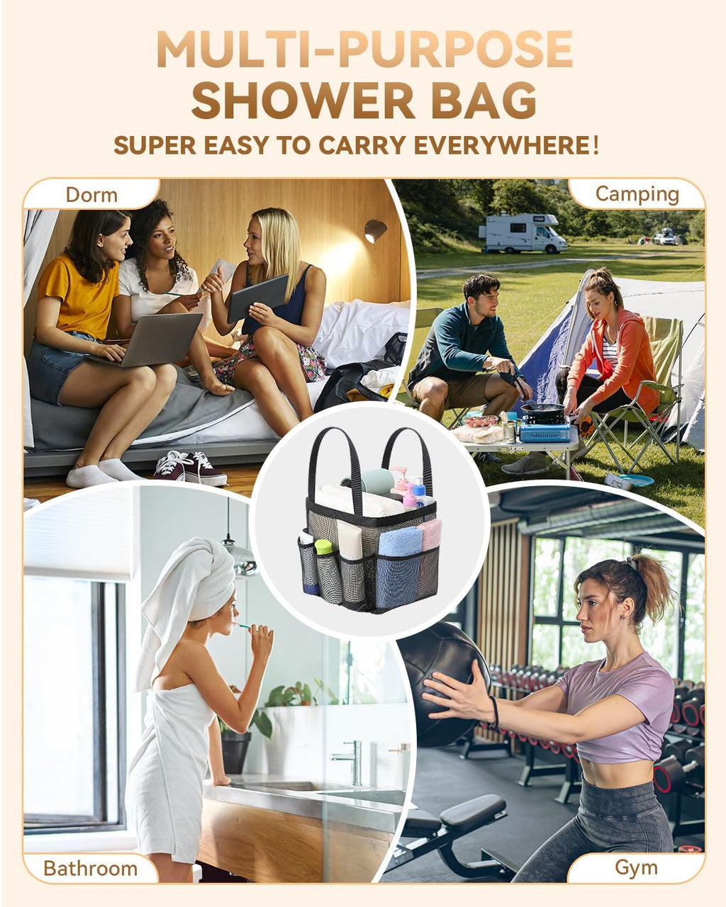 Temede Mesh Shower Caddy Tote - Large Portable Bath Organizer with 8 Storage Pockets | Quick Dry Design for College, Gym, Travel
