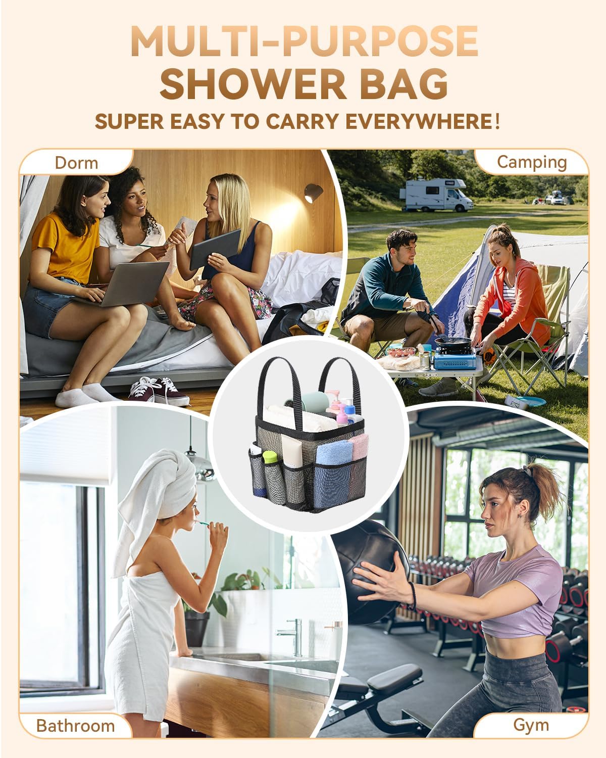 Temede Mesh Shower Caddy Tote - Large Portable Bath Organizer with 8 Storage Pockets | Quick Dry Design for College, Gym, Travel
