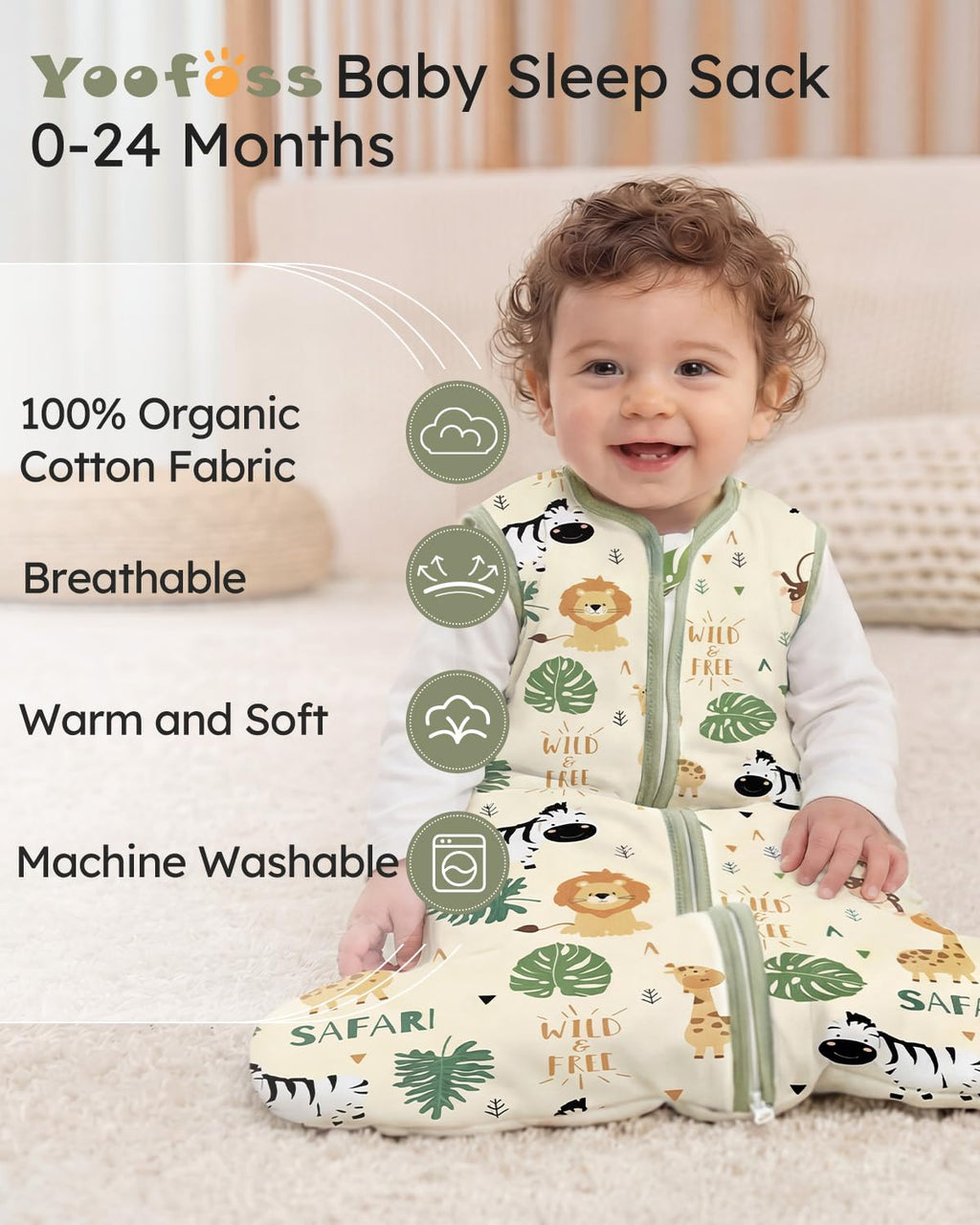 Yoofoss Baby Sleep Sack | 1.5 Tog Wearable Blanket for 6-12 Months | Soft Organic Cotton, 2-Way Zipper