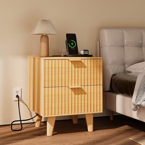 Urban Deco Fluted Nightstand with Charging Station, Mid Century Modern Nightstand, Wooden Side Table with 2 Fluted Drawers, End Table with Solid Wood Legs for Bedroom, 15.4 x 15.4 x 22.8 in (Natural)