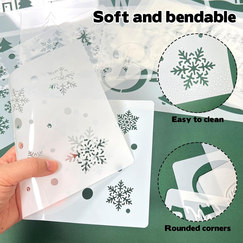 Regine Switzerland Large Christmas Stencils - 12 Pcs Winter House, Snowflake & Pine Tree Designs for Painting on Wood, Glass & Door Mats
