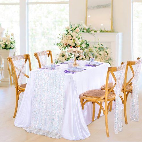 MoKoHouse Iridescent Tablecloth 52x120 inch White Sequin Table Cloth Glitter Table Cover Birthday Wedding Baby Shower Christmas Halloween Mermaid Ocean Theme Party Decoration
