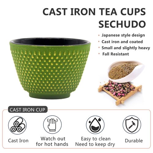 SECHUDO Japanese Cast Iron Tea Cups, Small and Heavy Teacups with no Handles, Japanese Style Cup for Adults, Asian Teacups, Coated with Enameled Interior, 4 Pcs/Box (Green, 2oz/60ml)