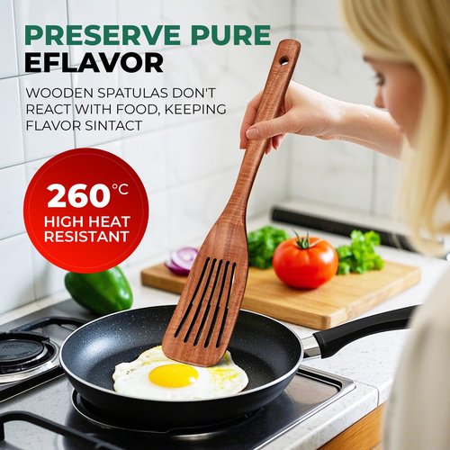 KAQISE Wooden Spatula for Cooking, 2-Piece Teak Wood Spatula Set for Nonstick Pans, Kitchen Utensils with Flat Turner&Slotted Spatula, Heat Resistant Natural Solid Wood Cooking Tools
