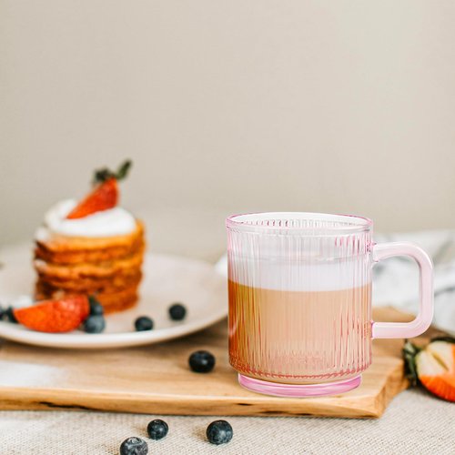binsakao Glass Coffee Mugs 6 Pack - 12 OZ Pink Coffee Cups with Handles - Classic Vertical Stripes Transparent Tea Cup Set for Hot Cold Beverages
