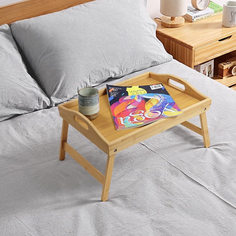 WKWKER Bamboo Bed Tray Table with Folding Legs Set of 2 Foldable Breakfast Tray Portable Serving Table Laptop Snack Drawing Breakfast Trays for Bed (Set of 2)
