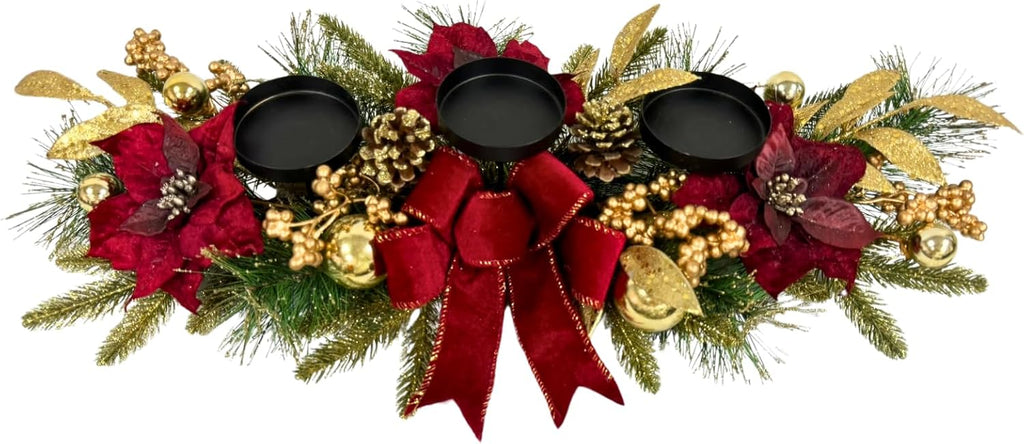 Svndlyn Christmas Candle Holders - Festive 3-Piece Set with Red Poinsettia & Golden Accents for Table Centerpiece