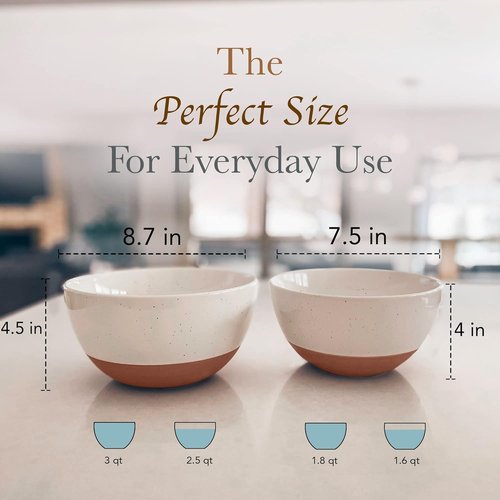 Mora Ceramic Mixing Bowls Set - 2 Large Nesting Bowls for Cooking & Serving | Microwavable & Dishwasher Safe - 2.5 & 1.6 Qt - White