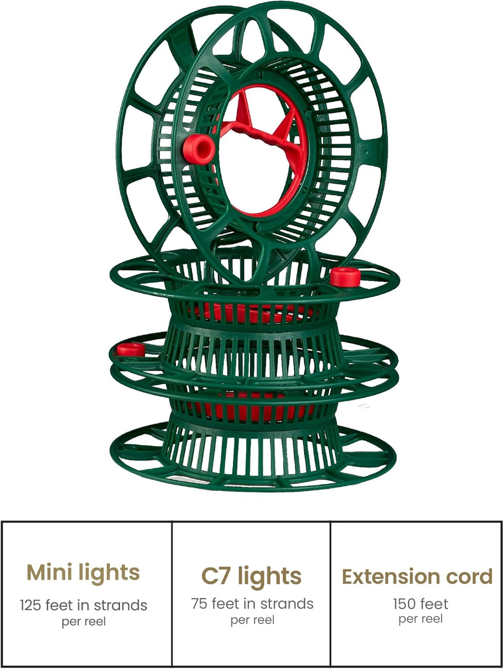 ZOBER Christmas Light Storage Reels - Durable Organizer with 3 Wheels - Fits 200 Mini Lights - Red