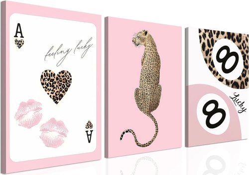 Funky Lucky You | Trendy Leopard Canvas Wall Art Set of 3 - Pink Cheetah Prints for Girls' Bedroom, 12x16 Inch Framed