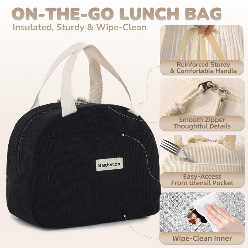 Baglemon Lunch Bag for Women Men Cute Corduroy Lunch Tote Bags Reusable Insulated Lunch Box Large Capacity Reusable Insulated Cooler for Work/Picnic/Travel