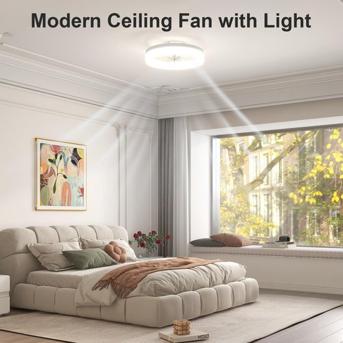 VOLISUN Low Profile Ceiling Fans with Lights and Remote, 15.7in Fandelier Ceiling Fan with Light, 3000K-6500K Dimmable Bladeless LED Fan Light, White Flush Mount Ceiling Fans with Lights for Bedroom