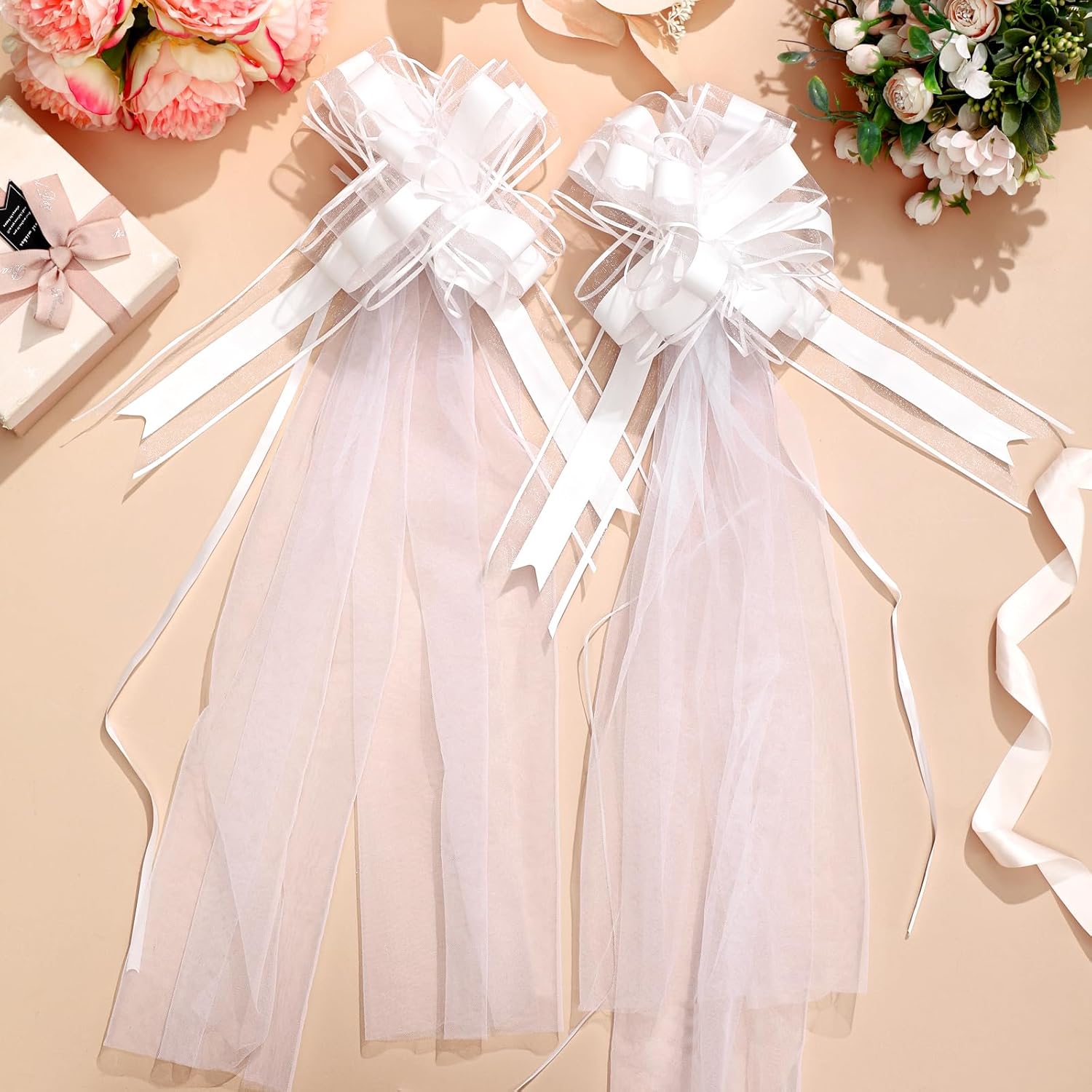Skiennix 12 Set Large Wedding Pew Bows - Elegant White Tulle Tails for Church Aisle & Car Decor