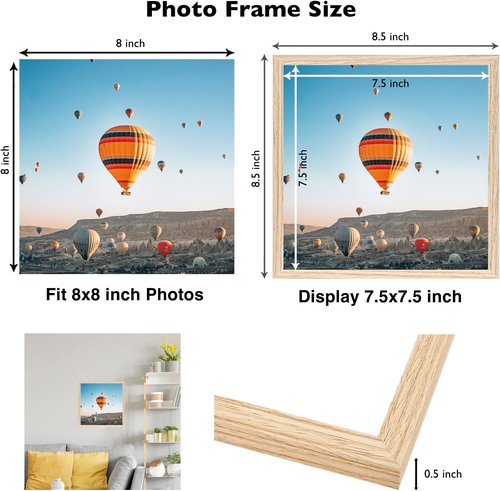 JCJMY 8x8 Picture Frame - Versatile Wall Mount or Tabletop Display | Shatter-Resistant Plexiglass, Natural Finish