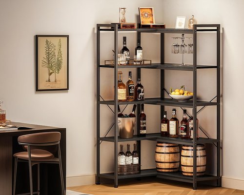 Casaottima Corner Bookshelf 5 Tier, 57 Inches Reversible Book Shelf for Living Room, Industrial Wooden Bookcase with Open Shelves and Metal Frame for Bedroom, Home Office, Kitchen, Black