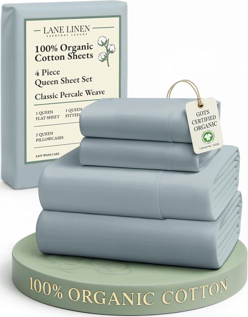 LANE LINEN 100% Organic Cotton Queen Sheet Set - Eco-Friendly, Fade Resistant, French Blue
