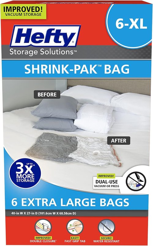 Hefty Shrink-Pak Vacuum Seal Storage Bags - 6 Extra Large Space Saver Bags for Clothing & Blankets