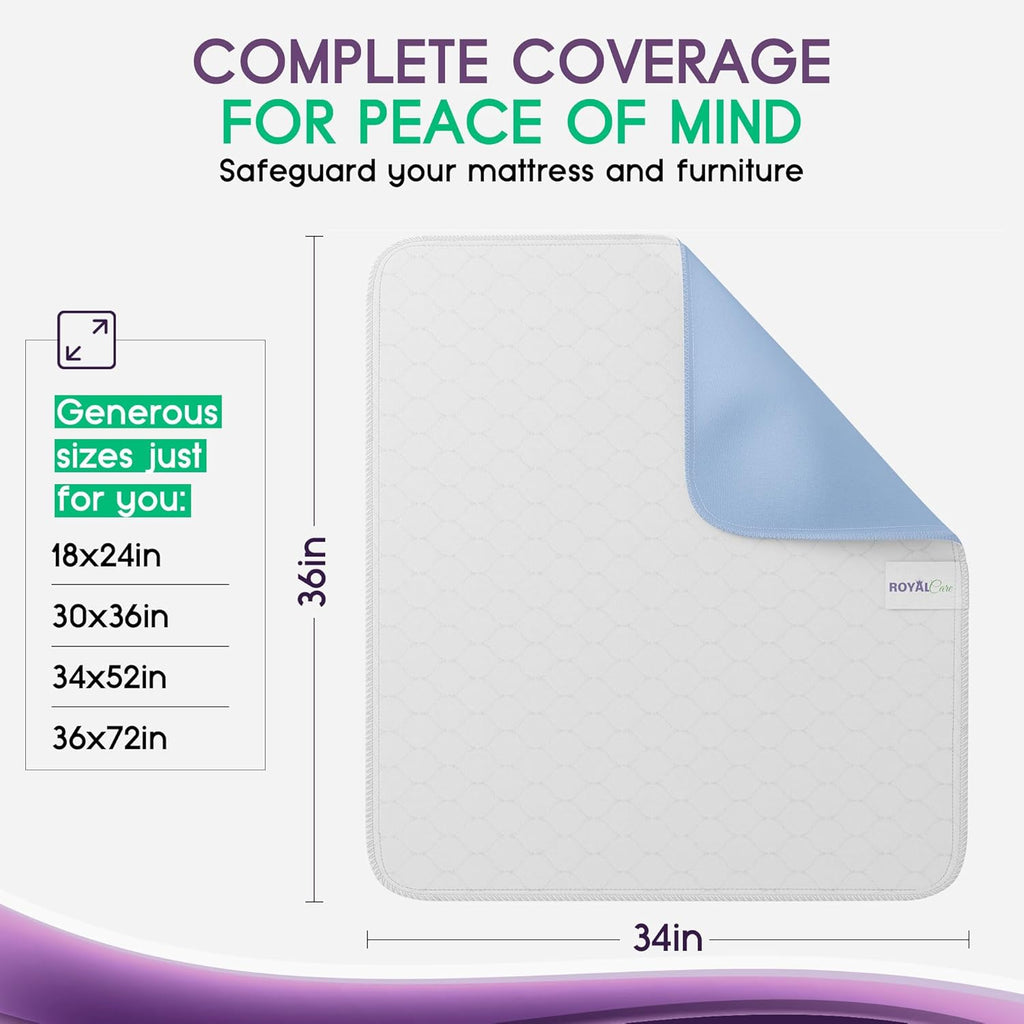 Skiennix Incontinence Bed Pads - Reusable Waterproof Underpads for Chairs & Mattresses - Highly Absorbent, Machine Washable - 34x36 Inches, Blue (Pack of 4)