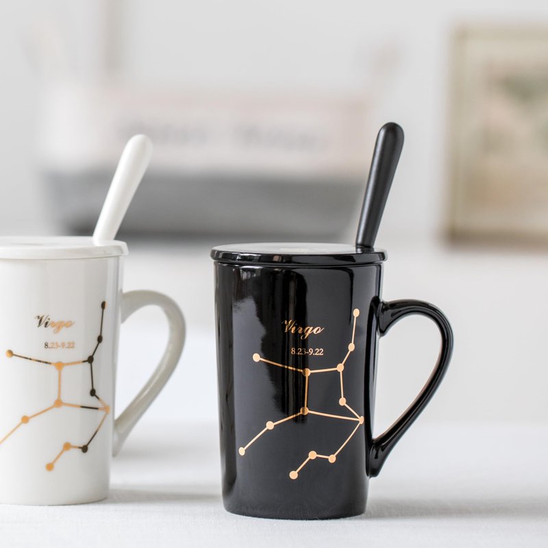 FULLCCI Virgo Birthday Gifts for Women 15oz Ceramic Coffee Mug with Lid Spoon Coaster Astrology Mugs Upgrade Porcelain Tea Cup Virgo Gifts (Black-Gold)