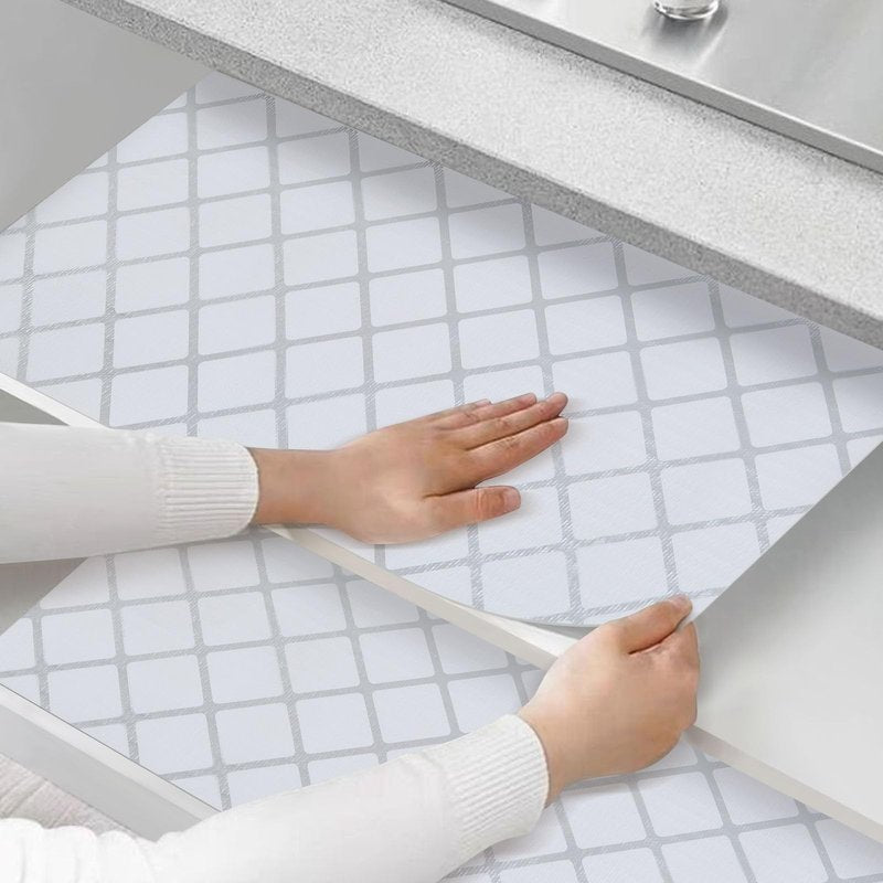 Shinlendid Drawer and Shelf Liner for Kitchen Cabinets, Non-Adhesive Strong Grip Cabinet Liners for Dressers, Durable Waterproof Anti Slip Cupboard Liner, White/Sliver, 23 in x 10 Feet
