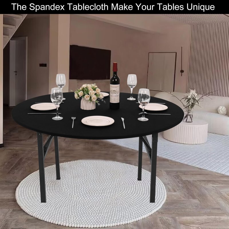 JALANCY 4 Pieces Round Spandex Tablecloth Table Top Cap Cover Stretch Fitted Tablecloth for 6 Foot Round Tables Washable Elastic Table Protector for Indoors Outdoors (Black,6 Foot)