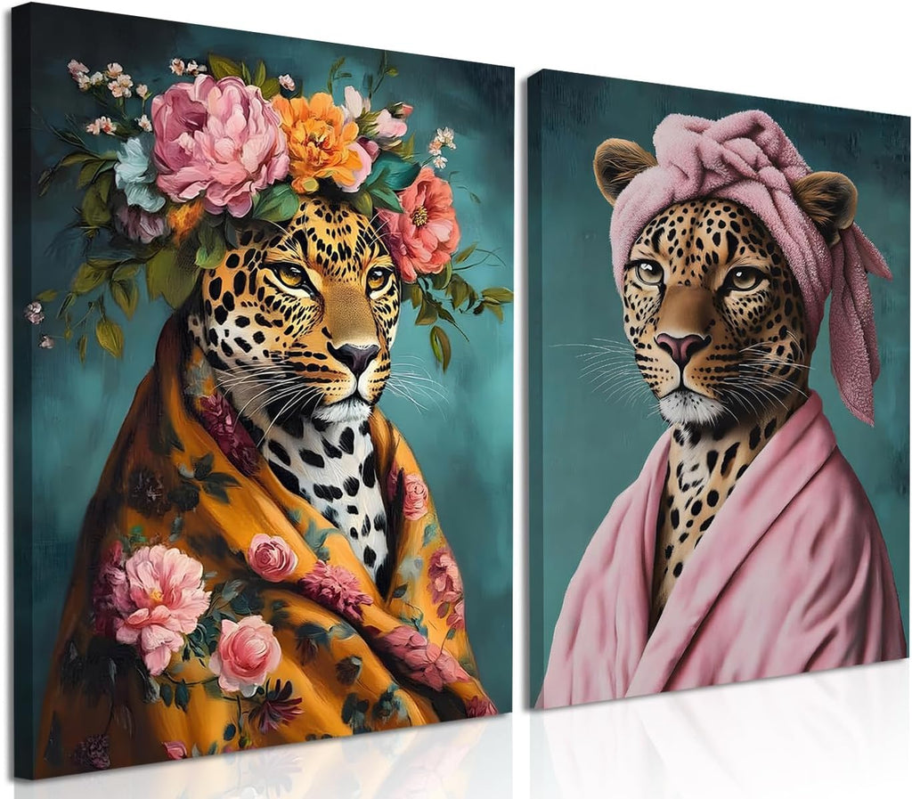 Regine Switzerland Funny Leopard Bathroom Wall Art Set - Eclectic Animal Canvas Prints | 12x16 Inch Framed Decor