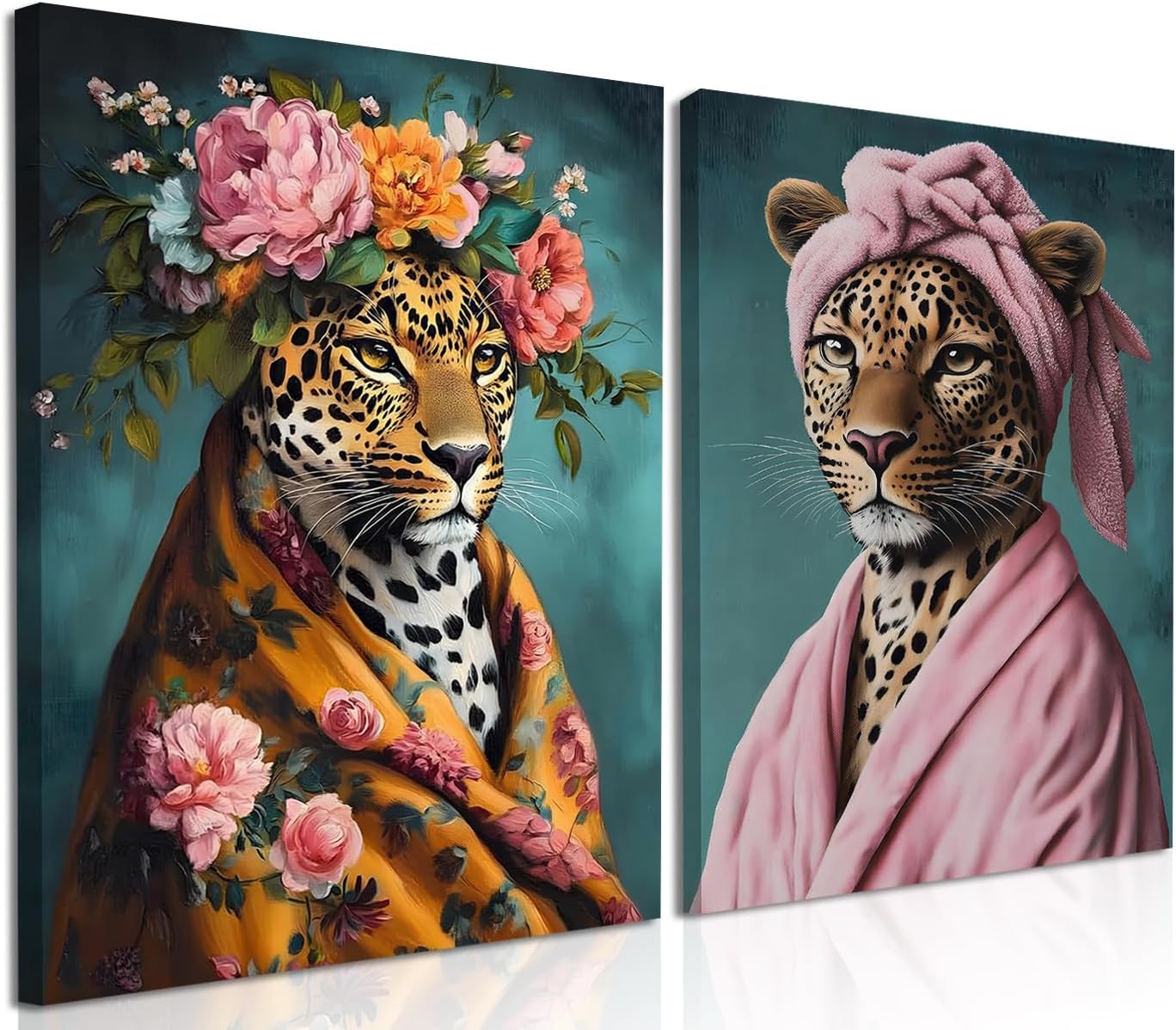 Regine Switzerland Funny Leopard Bathroom Wall Art Set - Eclectic Animal Canvas Prints | 12x16 Inch Framed Decor