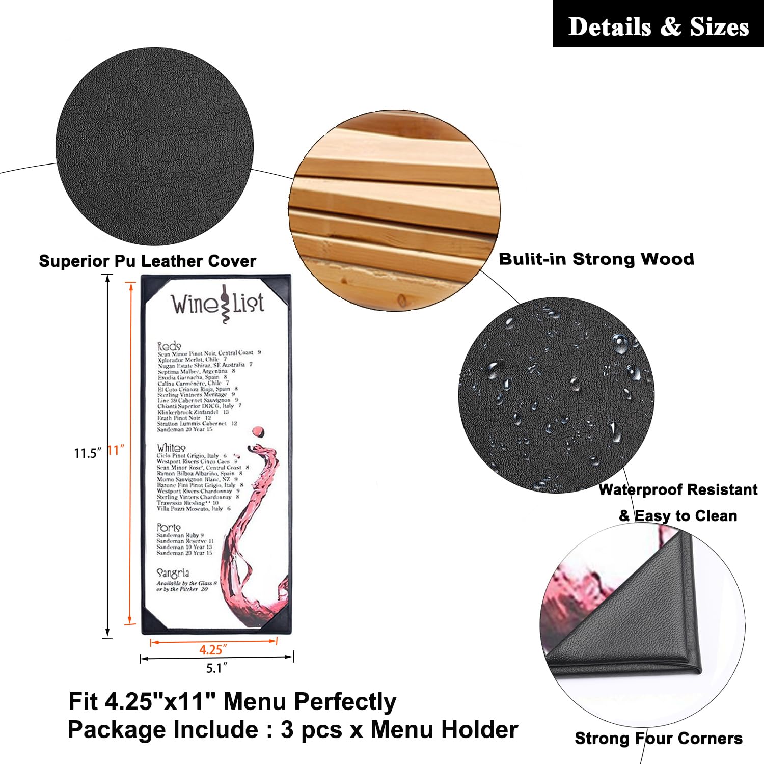 3 Packs of Leather Menu Covers for with Strong Wood Inside for 4.25x11 inch, Leather Single Panel Menu Holder for Restaurant,Wine List, Drinks, Cafes, Bar, Hotel,Cocktail(4.25"x11"/Single View /3Pcs)